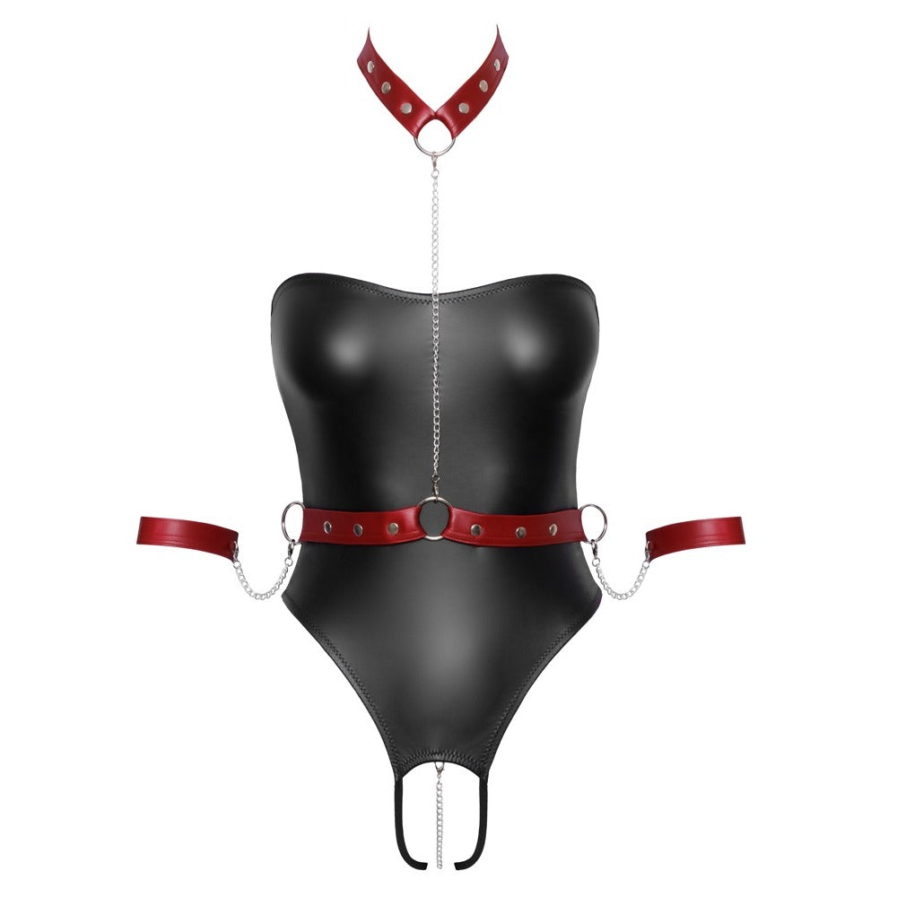 Cottelli bondage body with harness, black fabric, adjustable straps, for daring bedroom looks.