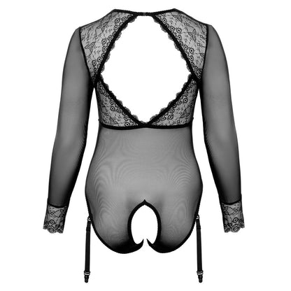 Cottelli Curves long sleeved black body with a crotchless design in plus size lingerie.