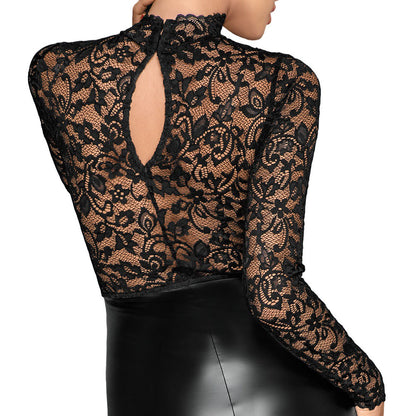 Noir black pencil dress in lace and wet look material, perfect for evening wear.