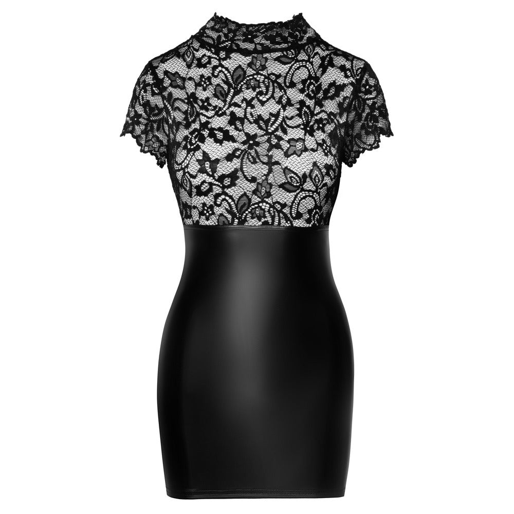 Noir lace mini dress in black; a stylish and alluring short party frock.