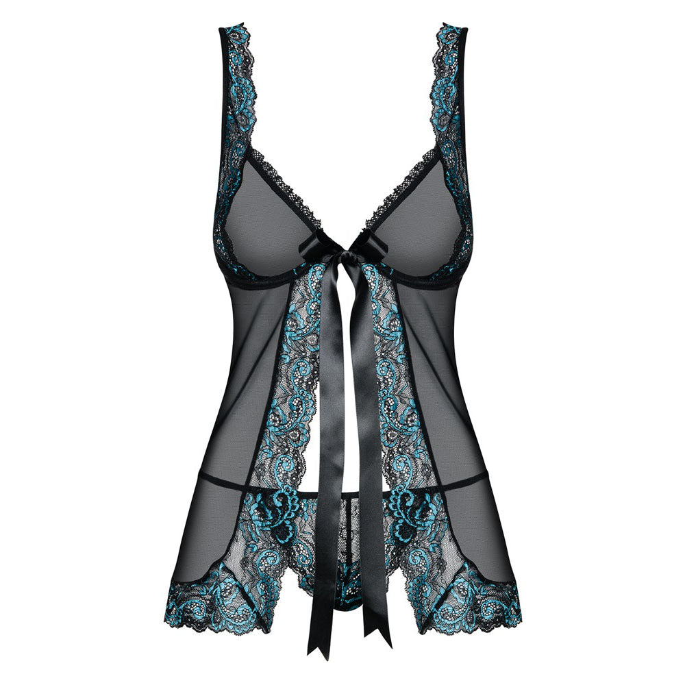 Obsessive black babydoll with open front and matching string, a seductive lingerie set.