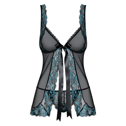 Obsessive black babydoll with open front and matching string, a seductive lingerie set.