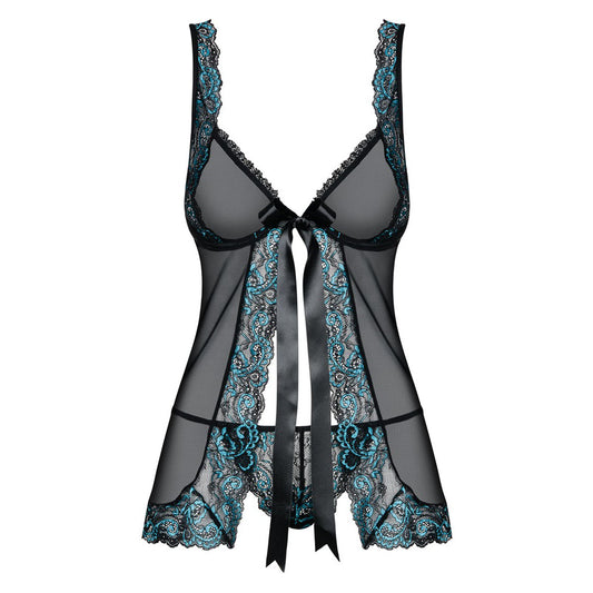 Obsessive black babydoll with open front and matching string, a seductive lingerie set.
