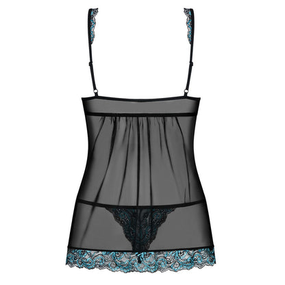 Obsessive black babydoll with an open front and matching string, for a seductive look.