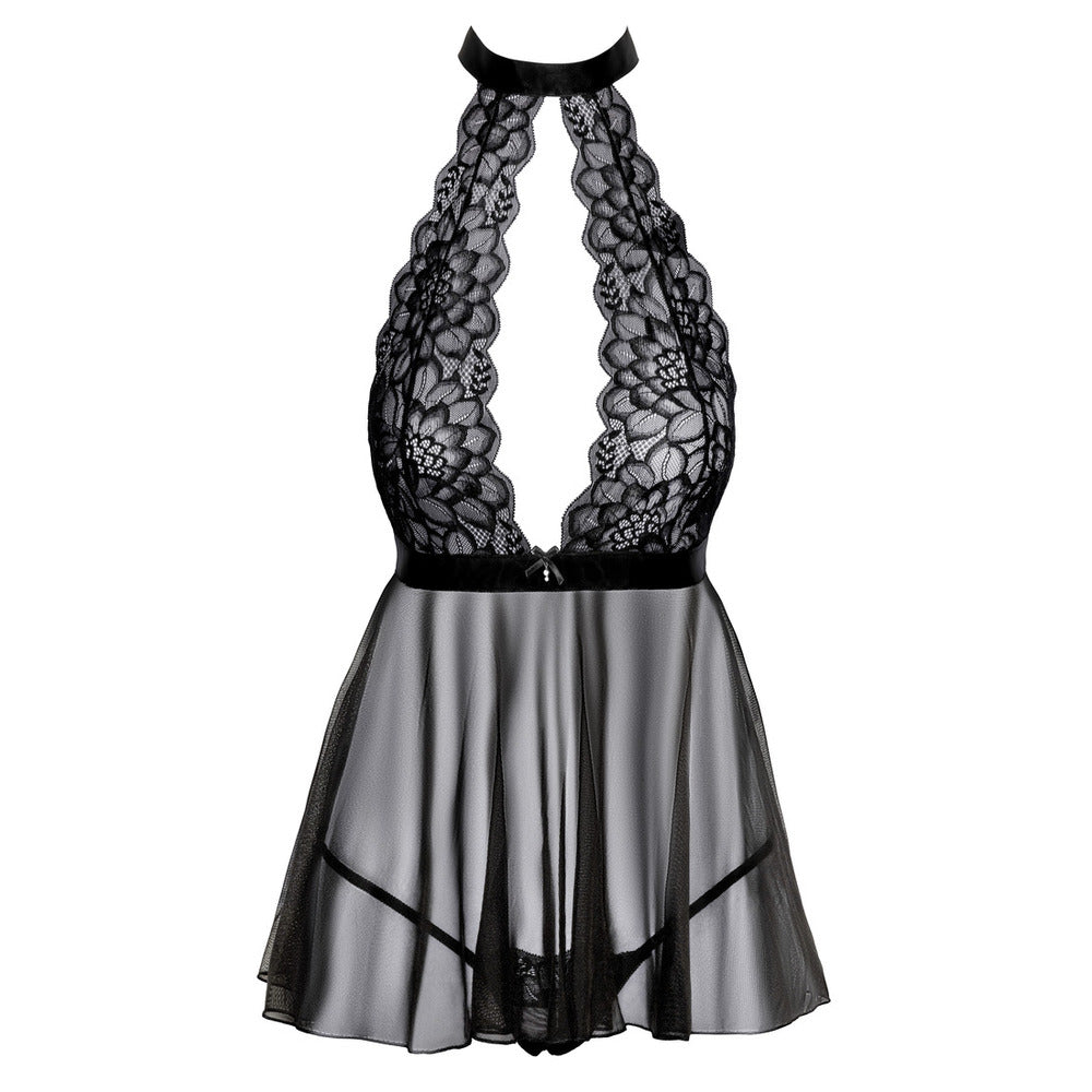 Kissable halterneck babydoll dress in a flared, floaty style; perfect for carefree nights.