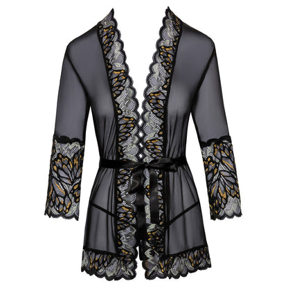 Kissable lace kimono, a delicate chemise in a soft, sheer fabric with intricate detailing.