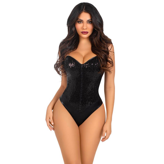 Black sequin bodysuit, a sparkly one-piece from Love Kinx, perfect for basques and corsets.