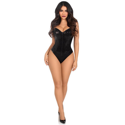 Love Kinx leg avenue black sequin bodysuit; a sparkly and glamorous basque style corset.