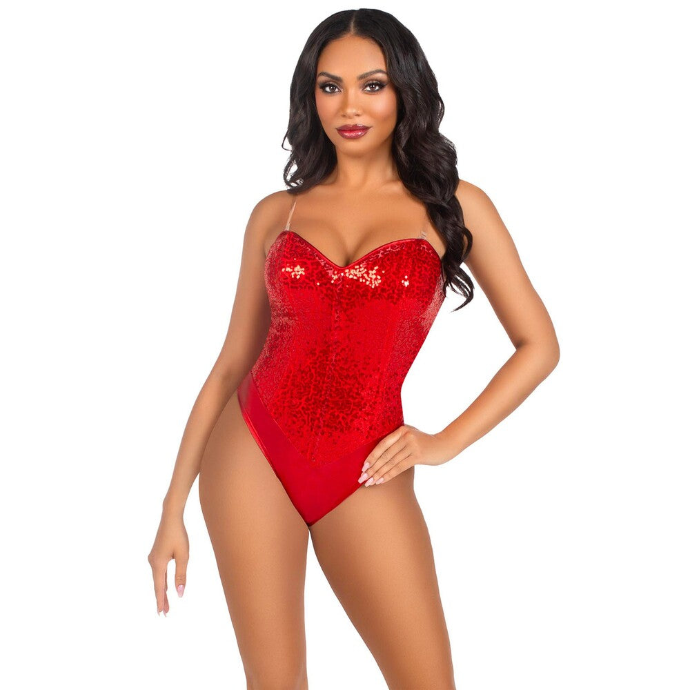Leg Avenue red sequin boned bodysuit, a sparkly and alluring piece of lingerie.