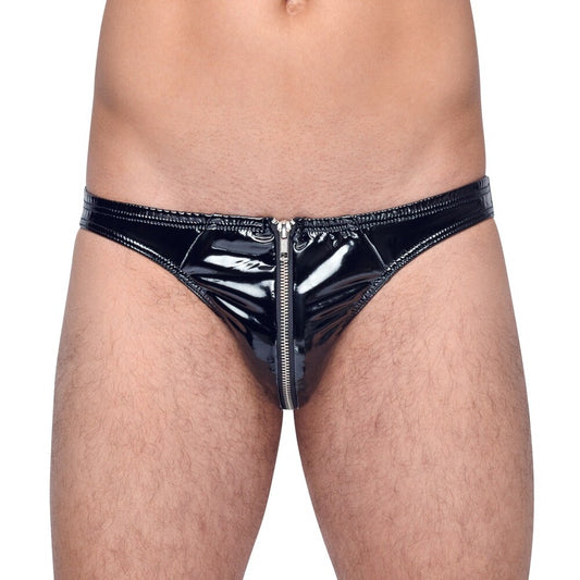 black vinyl briefs with a zip detail for men from black level, close-up