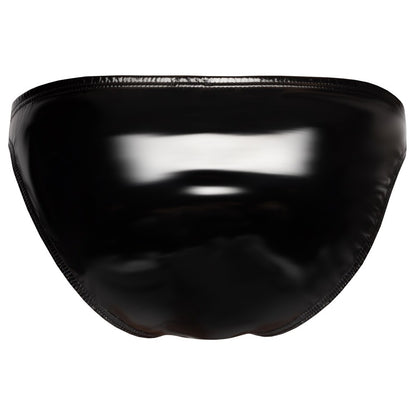 Black vinyl briefs with a zip detail, a sleek and stylish choice for men.