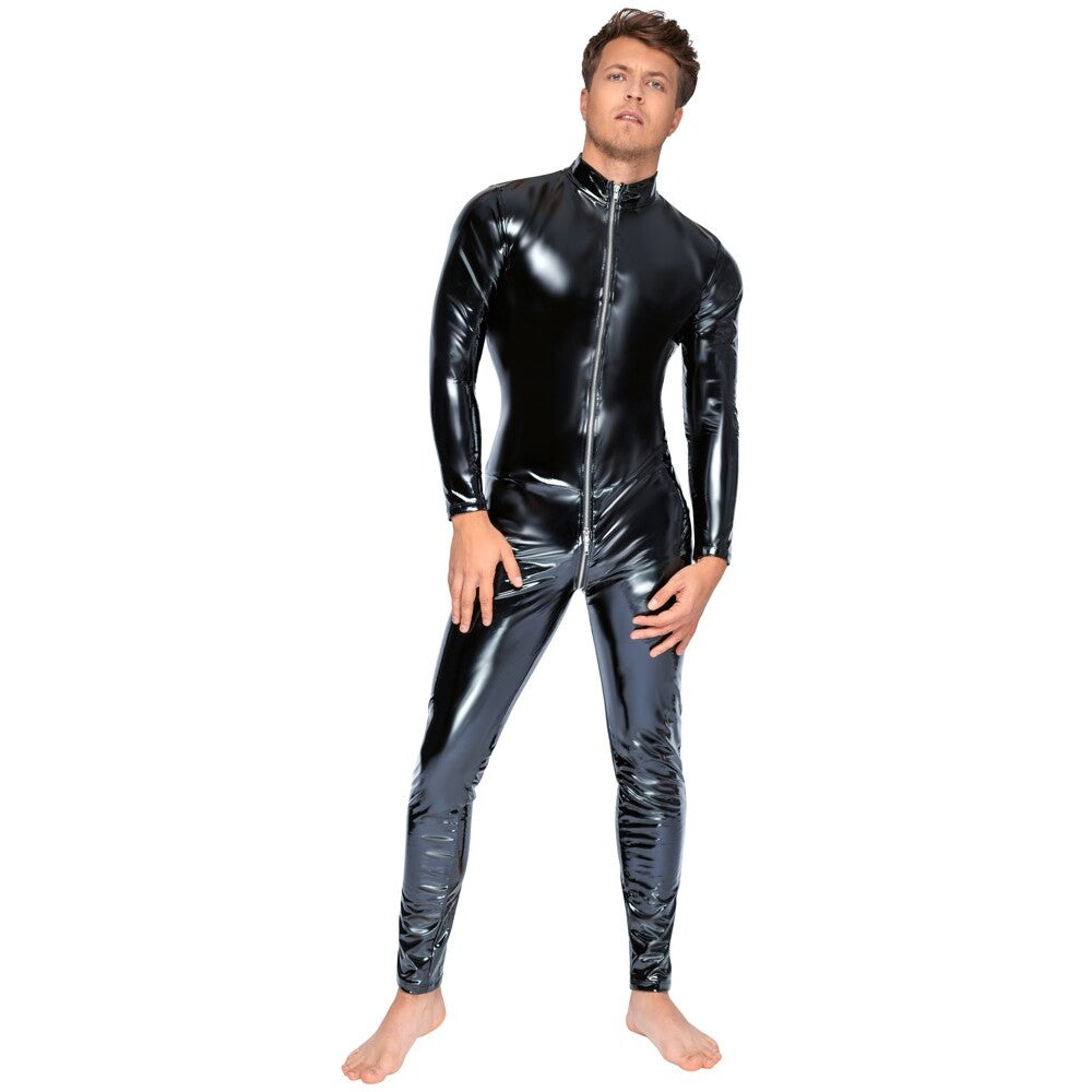 Black vinyl jumpsuit with a zip front for men, shiny finish, stylish and edgy.