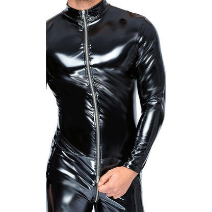 A black vinyl jumpsuit with a zip, modelled on a male figure, from black level.
