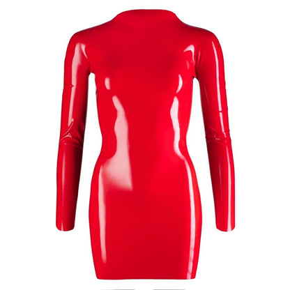 red latex mini dress with long sleeves and a zip-up front for women