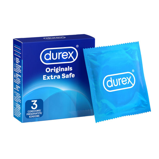Durex Extra Safe condoms in a red and white pack, regular fit, 3 per box.