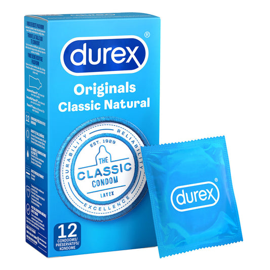 Durex Originals Classic condoms, a natural rubber latex barrier in a twelve pack.