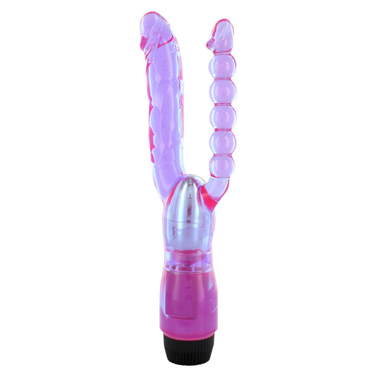 Seven Creations double penetrator vibrator, purple silicone, dual stimulation for intimate pleasure.
