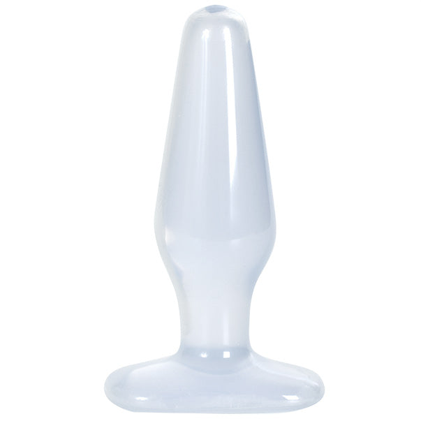Clear jelly butt plug in a medium size, a simple and discreet design.