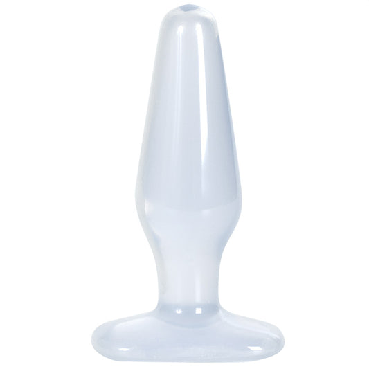 Clear jelly butt plug in a medium size, a simple and discreet design.