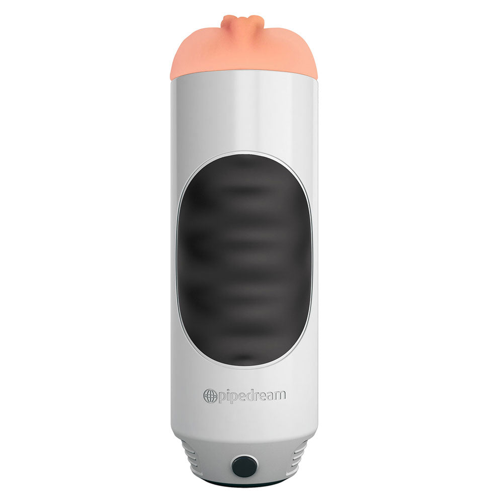 pipedream mega grip squeezable pussy stroker masturbator, flesh-toned textured material, ergonomic design for comfortable grip