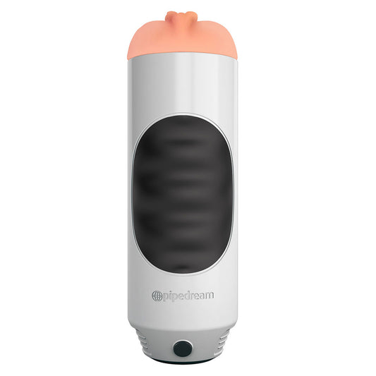 pipedream mega grip squeezable pussy stroker masturbator, flesh-toned textured material, ergonomic design for comfortable grip