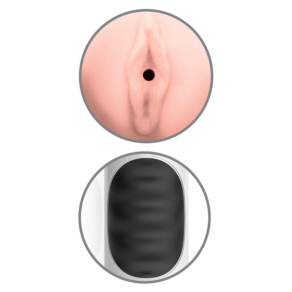 Pipedream mega grip squeezable pussy stroker masturbator, flesh coloured, ribbed texture for added sensation.