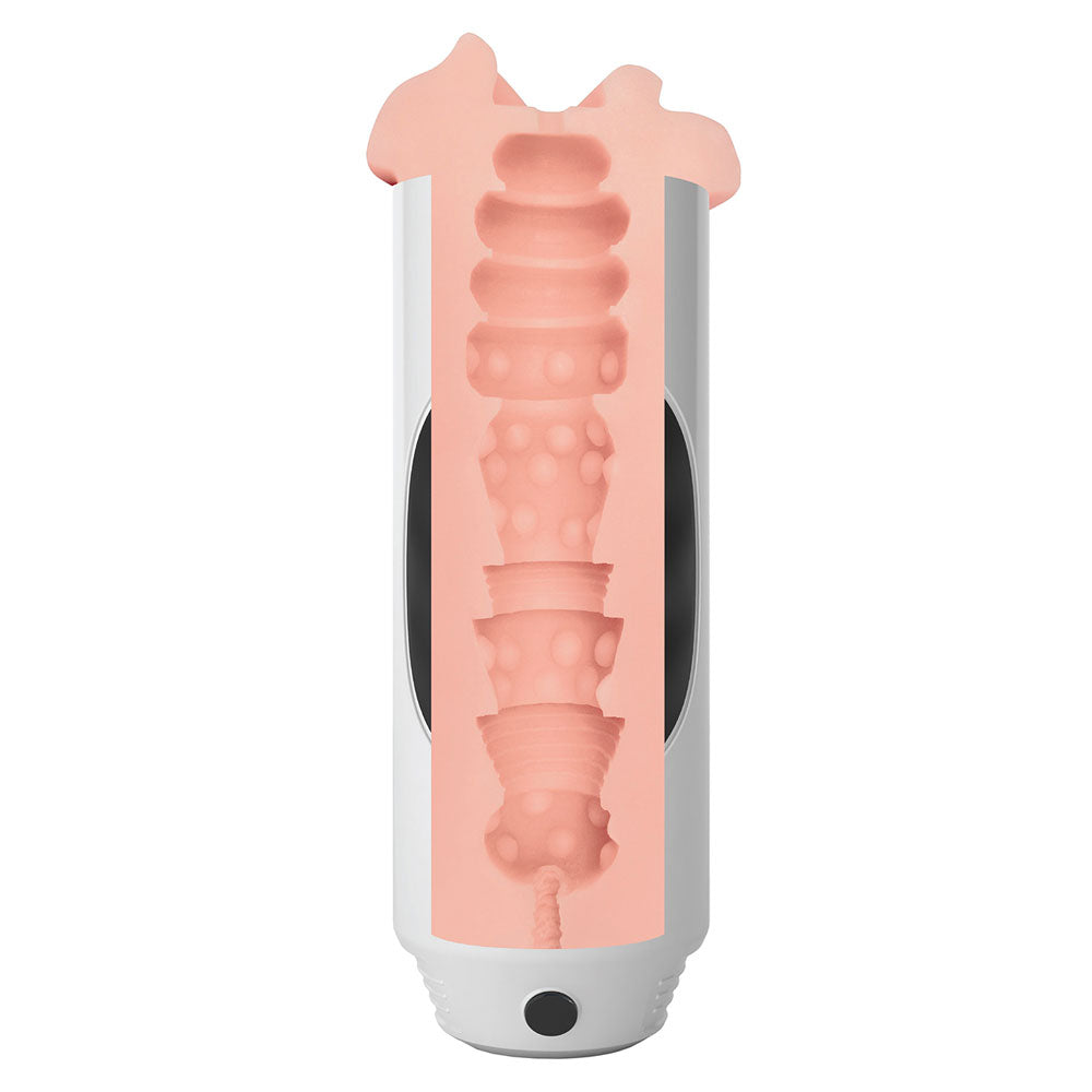 Pipedream mega grip squeezable pussy stroker masturbator in flesh colour with textured exterior for enhanced grip.