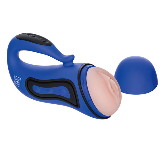 A rechargeable, vibrating stroker masturbator in a sleek blue finish from California Exotic.