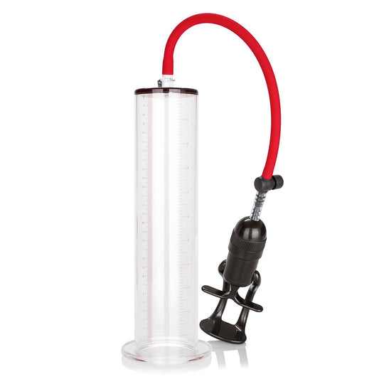 colt big men pump system penis pump, a clear plastic cylinder with black pump handle.