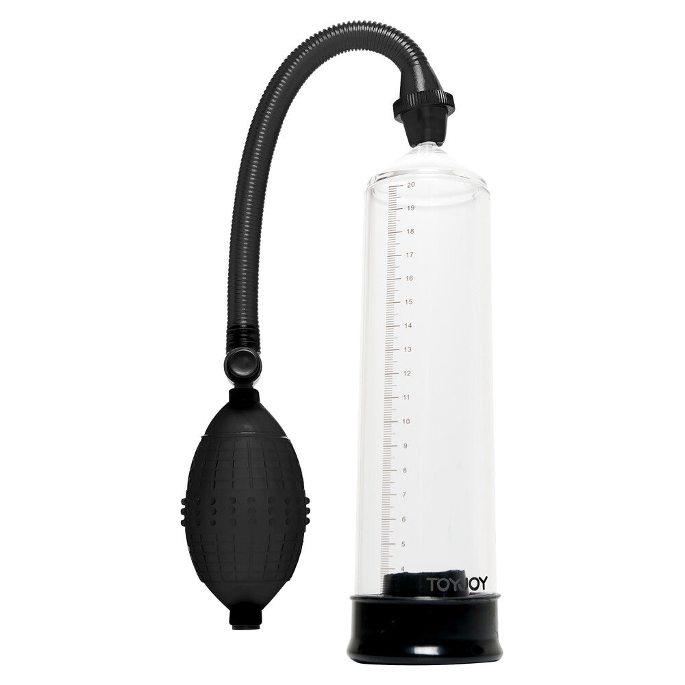 Toy Joy power pump, black and clear plastic cylinder for penis enlargement.