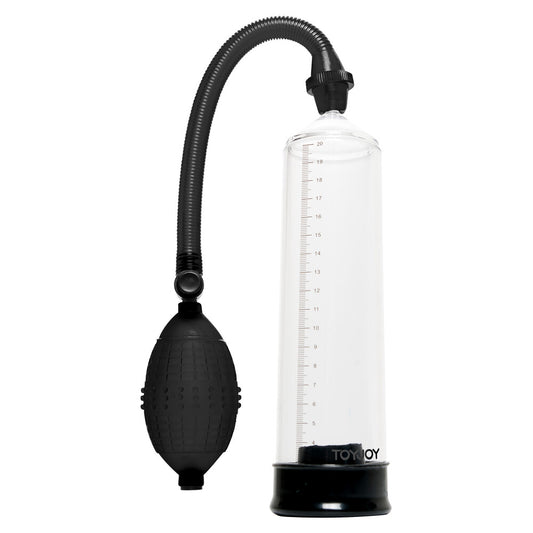 Toy Joy power pump, black and clear plastic cylinder for penis enlargement.