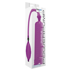 Toy Joy penis pump for pleasure, clear plastic cylinder with gauge and black pump.
