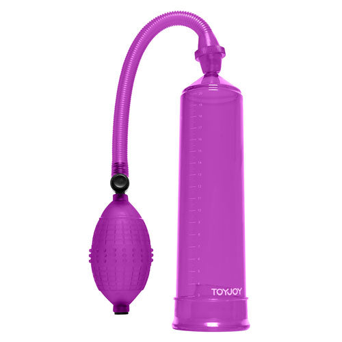 toy joy pressure pleasure penis pump, clear plastic cylinder with a black handle