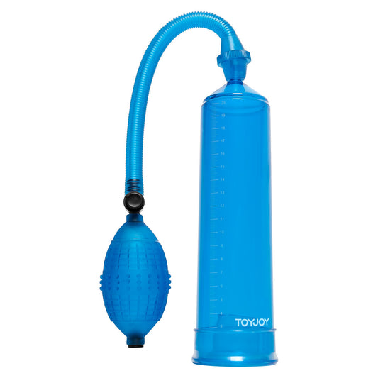 Blue penis pump for stimulation and development from toy joy sex toys, close up.