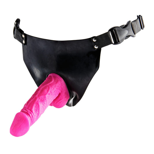 Pink vibrating strap-on dildo with harness, a fun sex toy for powerful pleasure.