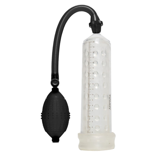 ToyJoy Power massage pump with clear sleeve, a penis enlargement device for pleasure.
