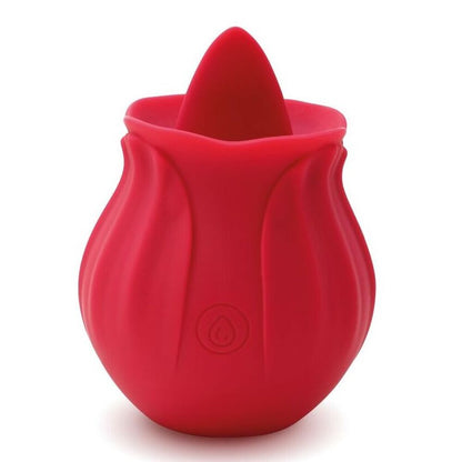 A red, rose-shaped clitoral massager from Skins Condoms, designed for intimate pleasure.