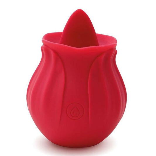 A red, rose-shaped clitoral massager from Skins Condoms, designed for intimate pleasure.