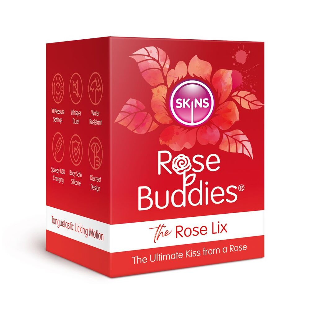Red rose-shaped clitoral massager by Skins Condoms, a stimulating vibrator for enhancing pleasure.