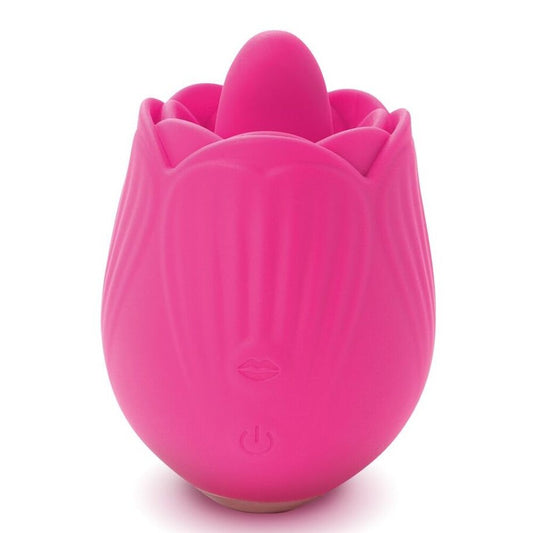 Close-up of the pink 'skins rose buddies the rose flix' clitoral massager, a pleasure product.