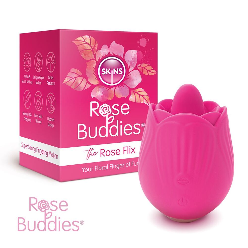 A pink, rose-shaped clitoral massager from Skins, designed for pleasure and stimulation.