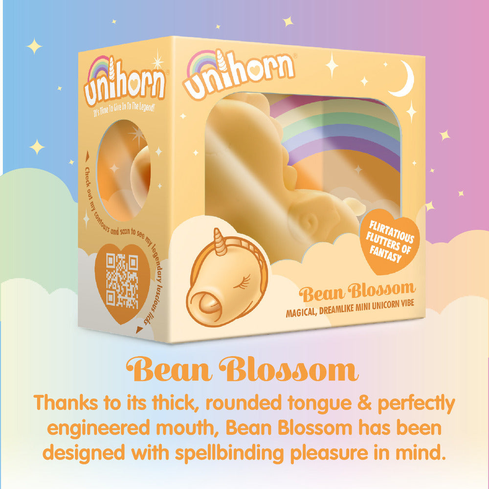 Close-up of a pink unihorn bean blossom flickering tongue vibe for clitoral stimulation.