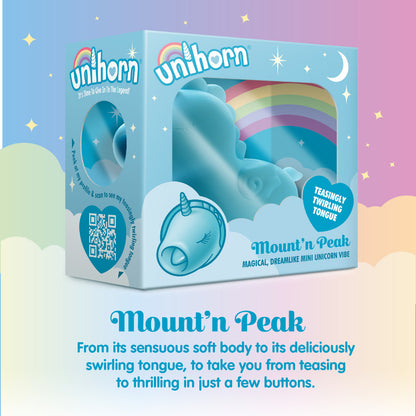 Close-up of a pastel rainbow unicorn clitoral vibrator with a twirling tongue, ready for pleasure.
