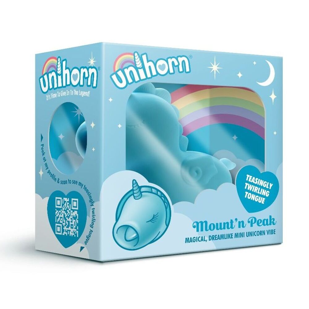 Creative Conceptions unihorn mountain peak vibrator with twirling tongue, purple silicone finish.