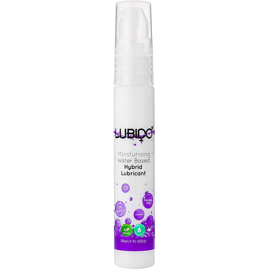 Lubido hybrid lubricant in a clear bottle, a water-based formula for enhanced pleasure.