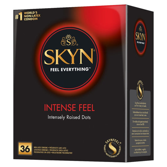 A box of skyn latex-free intense feel condoms, a ribbed and stimulating design.