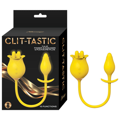 Close-up of a tulip-shaped purple silicone clitoral stimulator and pleasure plug set.