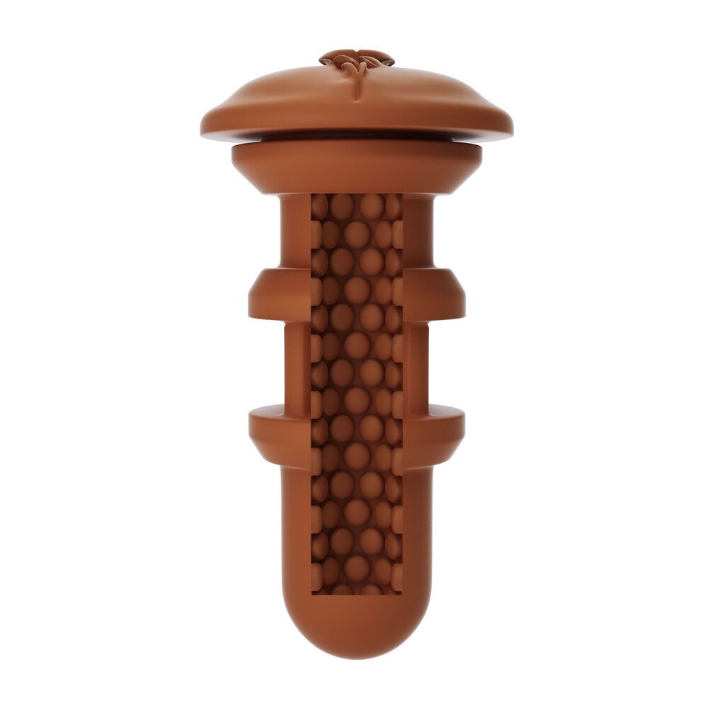 Autoblow a.i. vibrating masturbator sleeve, fleshy pink silicone with textured interior for stimulating pleasure.