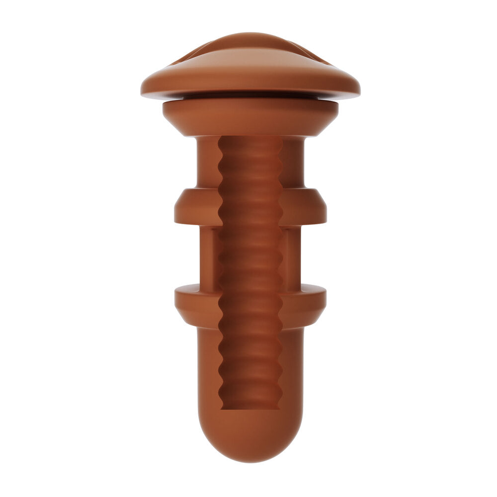 Close-up of a translucent, flesh-toned autoblow a.i. mouth sleeve, ready for use.