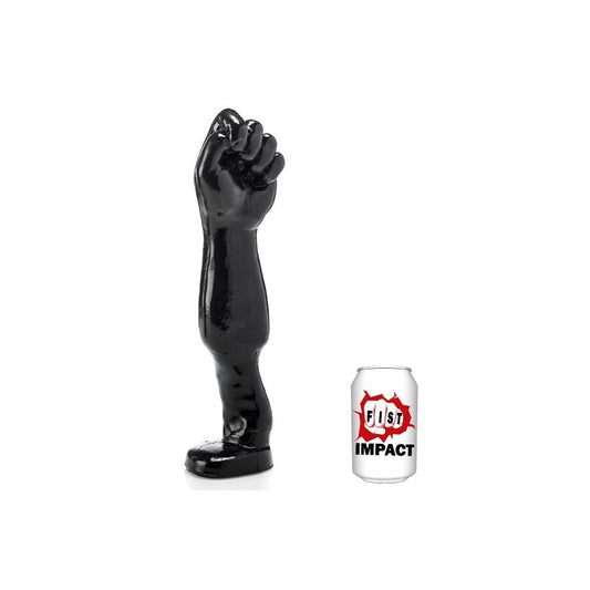 Close-up of a realistic, skin-toned dildo with a textured shaft and sculpted fist handle.